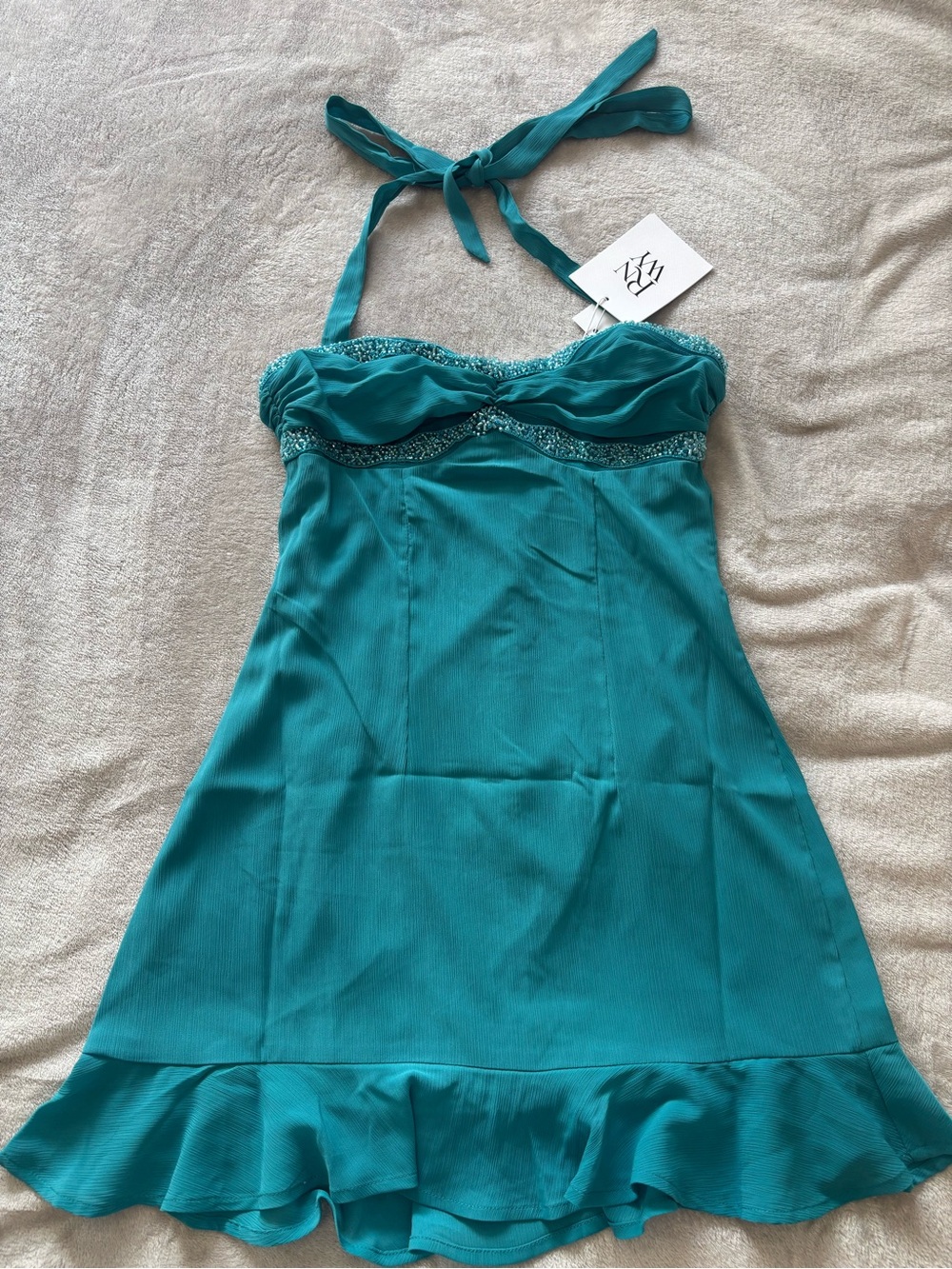 Tie-Neck Teal Halter Slip Dress with Ruffle Hem